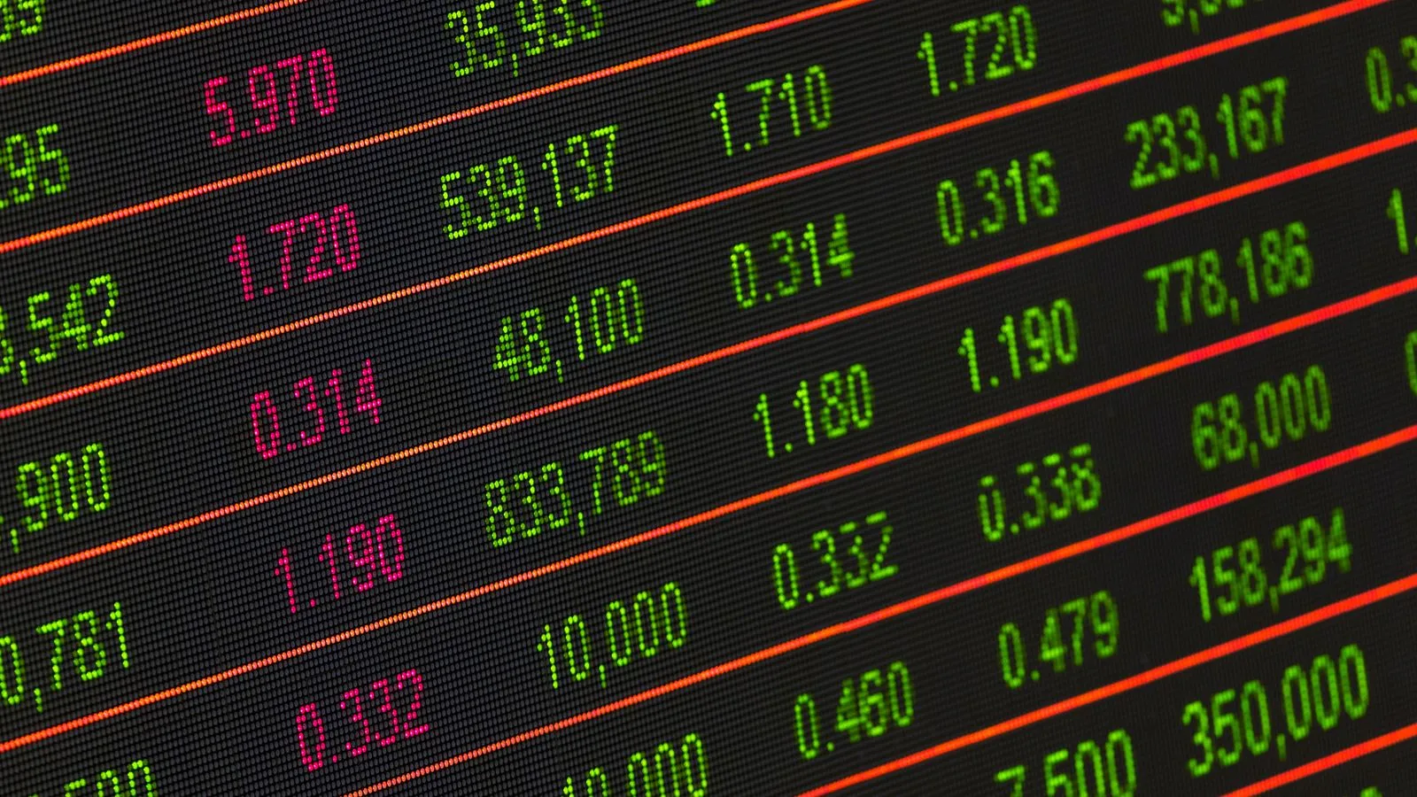 A digital stock-market board displaying rows of share prices and figures in red and green.
