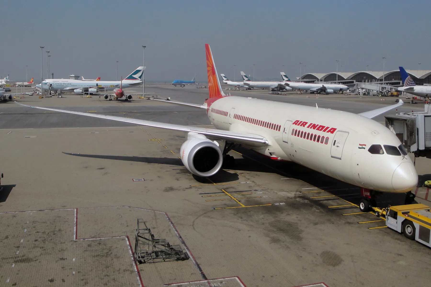 An Air India Boeing 787-8 Dreamliner parked at an airport gate in clear daylight.