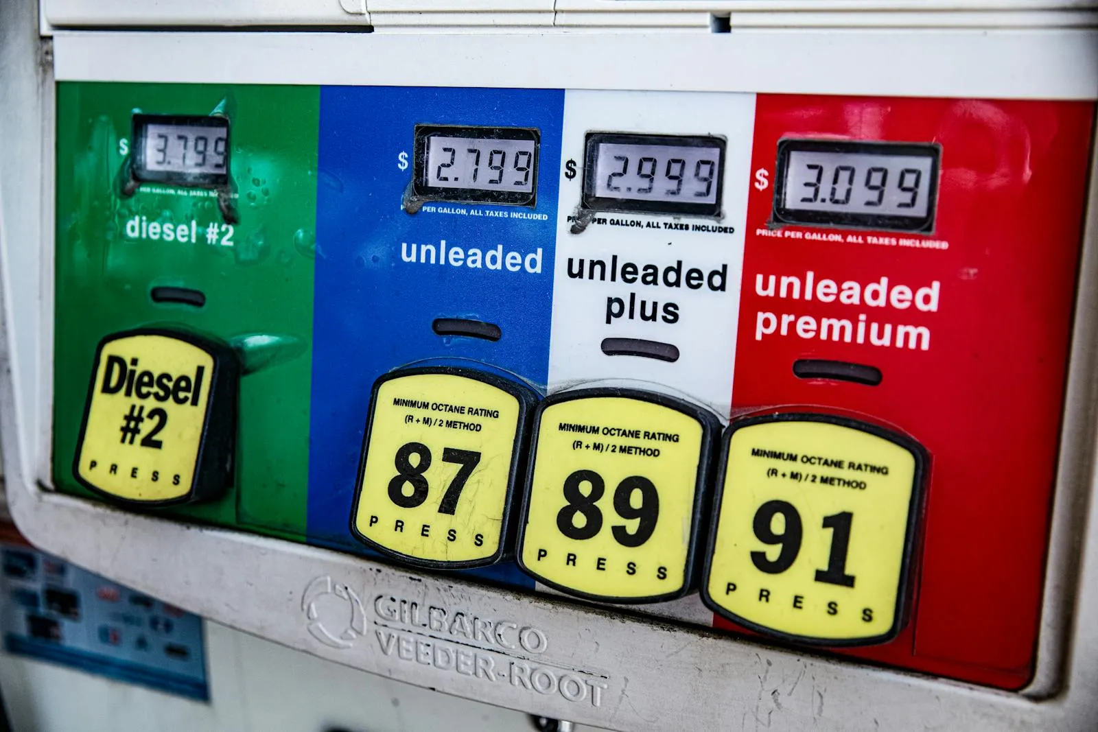 Close-up of a U.S. gas pump face showing per-gallon prices for diesel, unleaded, plus, and premium in dollars.