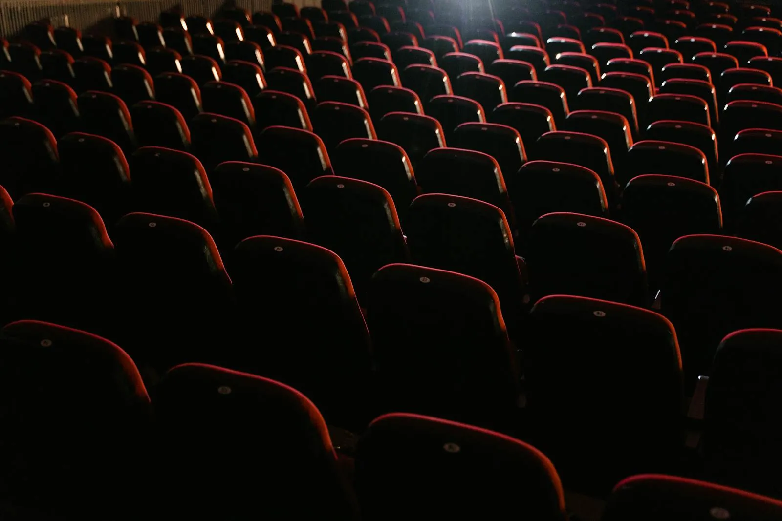 Rows of empty dark red cinema seats in a darkened theater auditorium