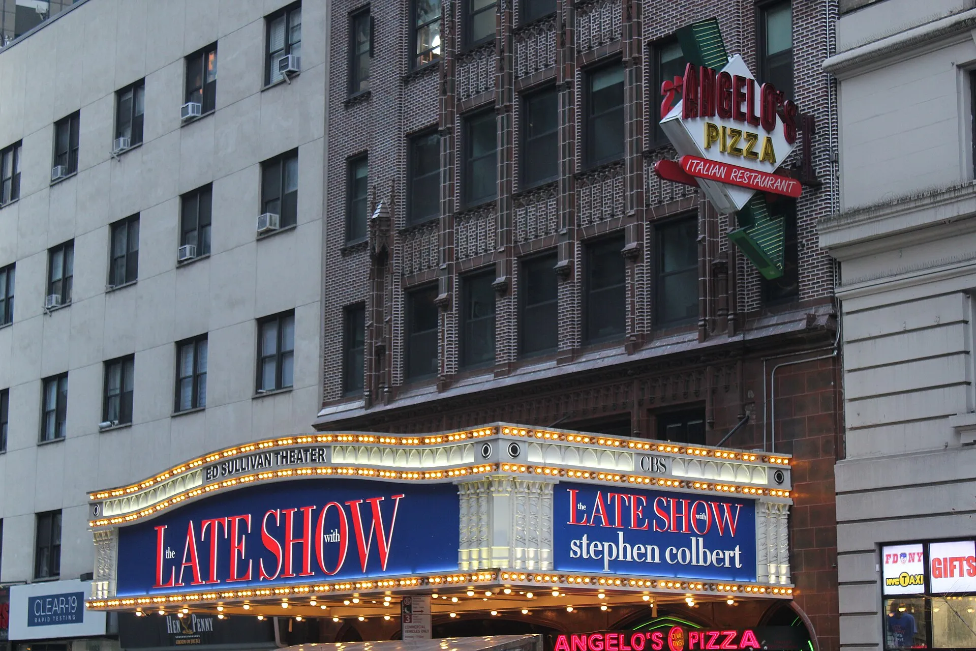 The Ed Sullivan Theater facade and marquee on Broadway in Manhattan, home of The Late Show.