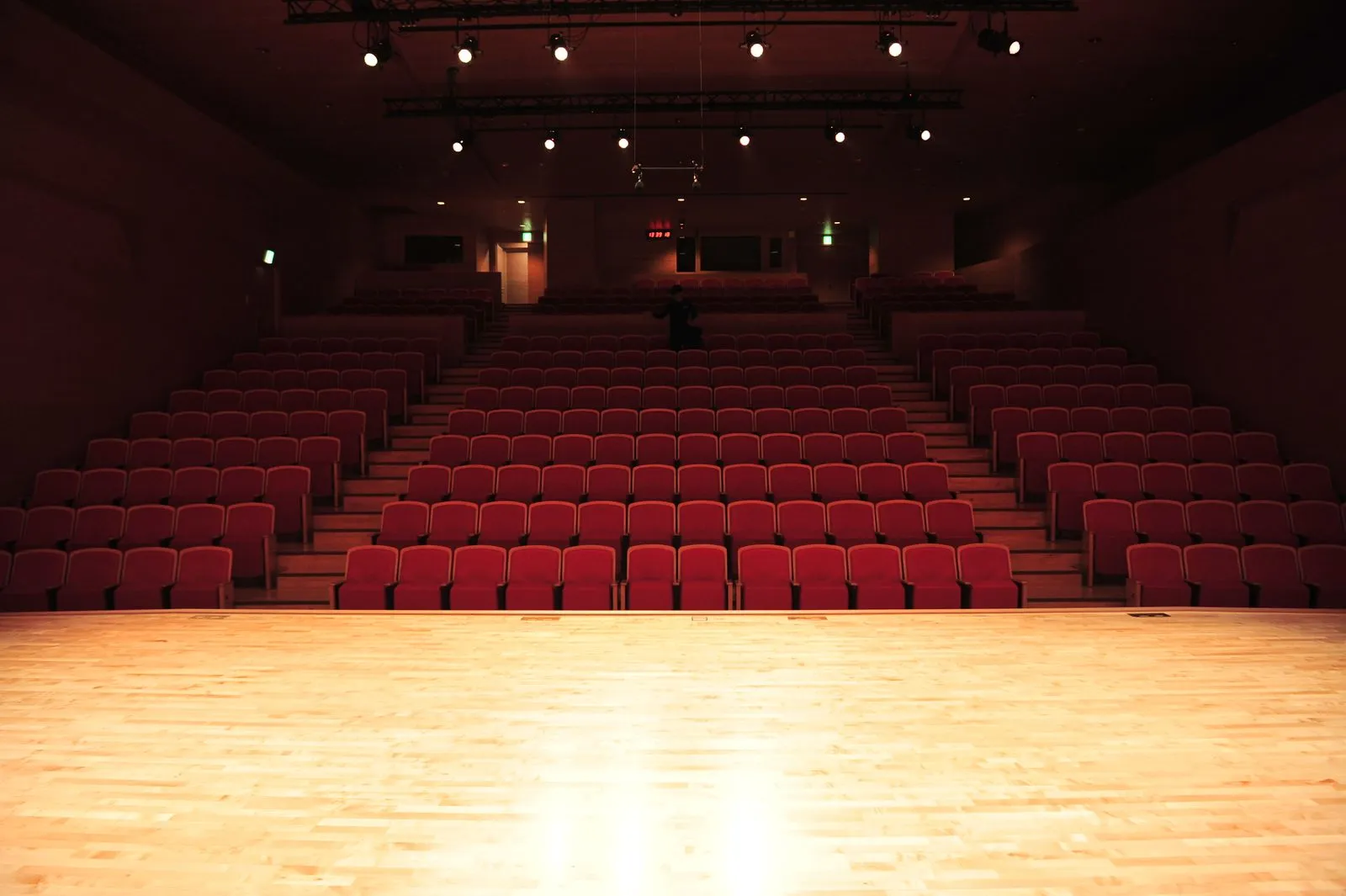 An empty, dark theater interior with rows of red seats facing an illuminated stage.