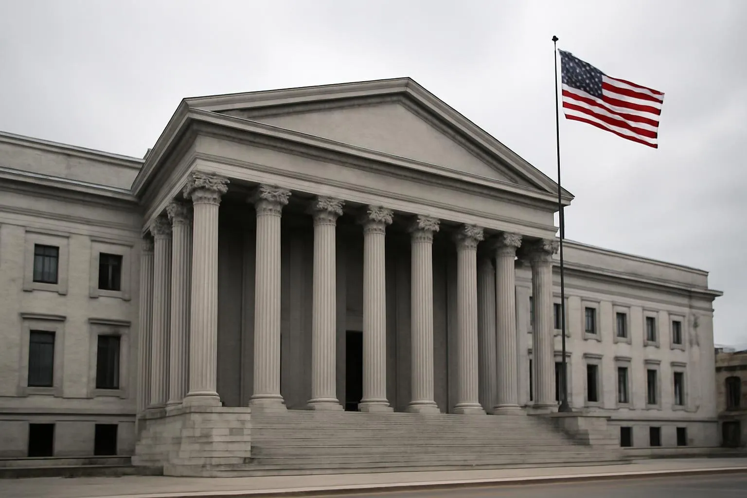 Exterior of a stone federal courthouse with tall columns and an American flag flying against an overcast sky