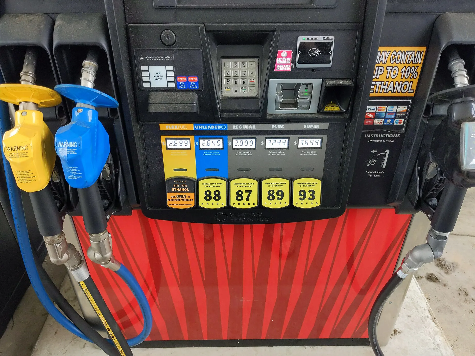 A fuel pump dispenser at a service station, showing grade-selection buttons and a hose nozzle.