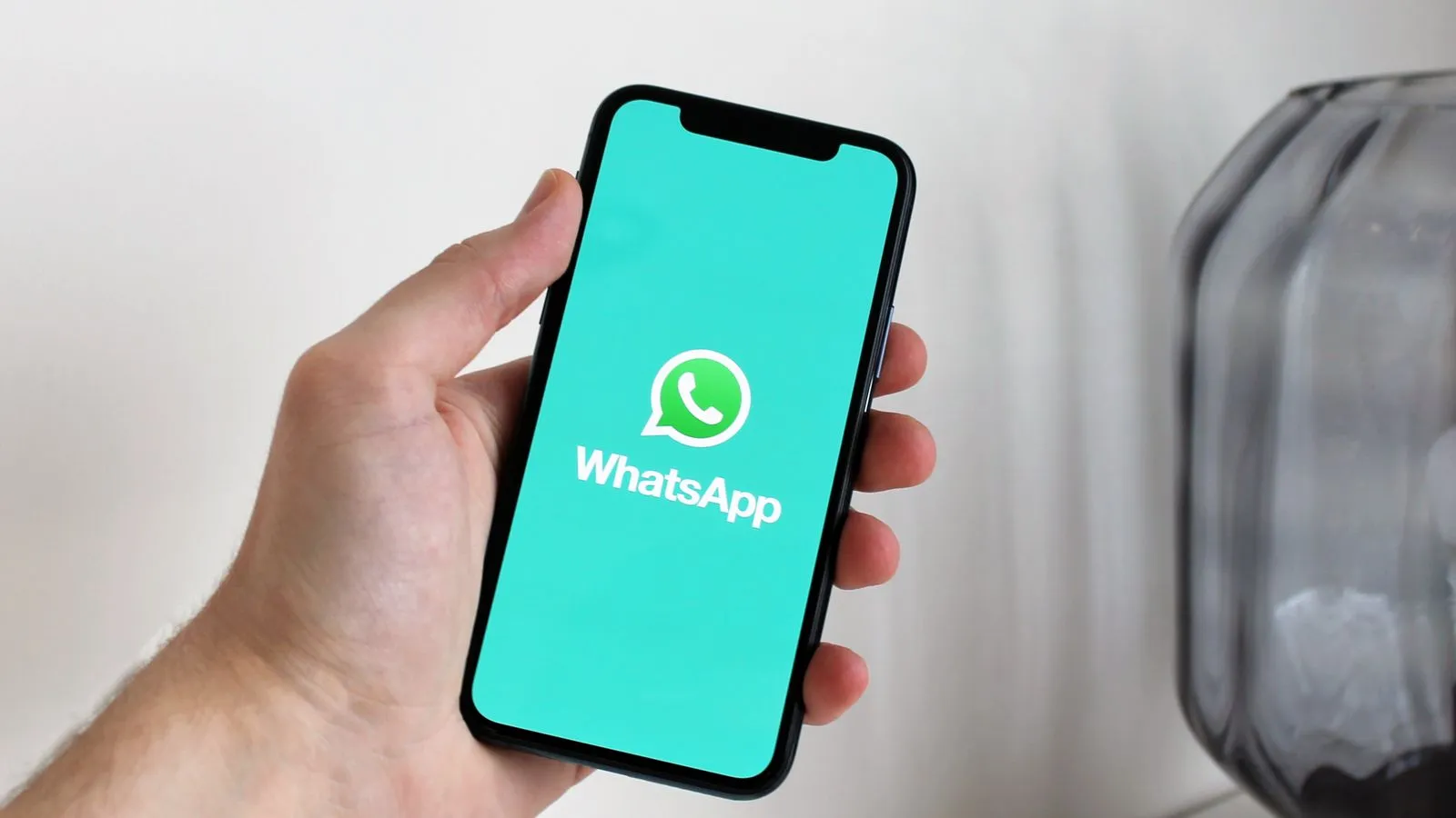 A hand holds a smartphone displaying the WhatsApp logo and name on a green startup screen.