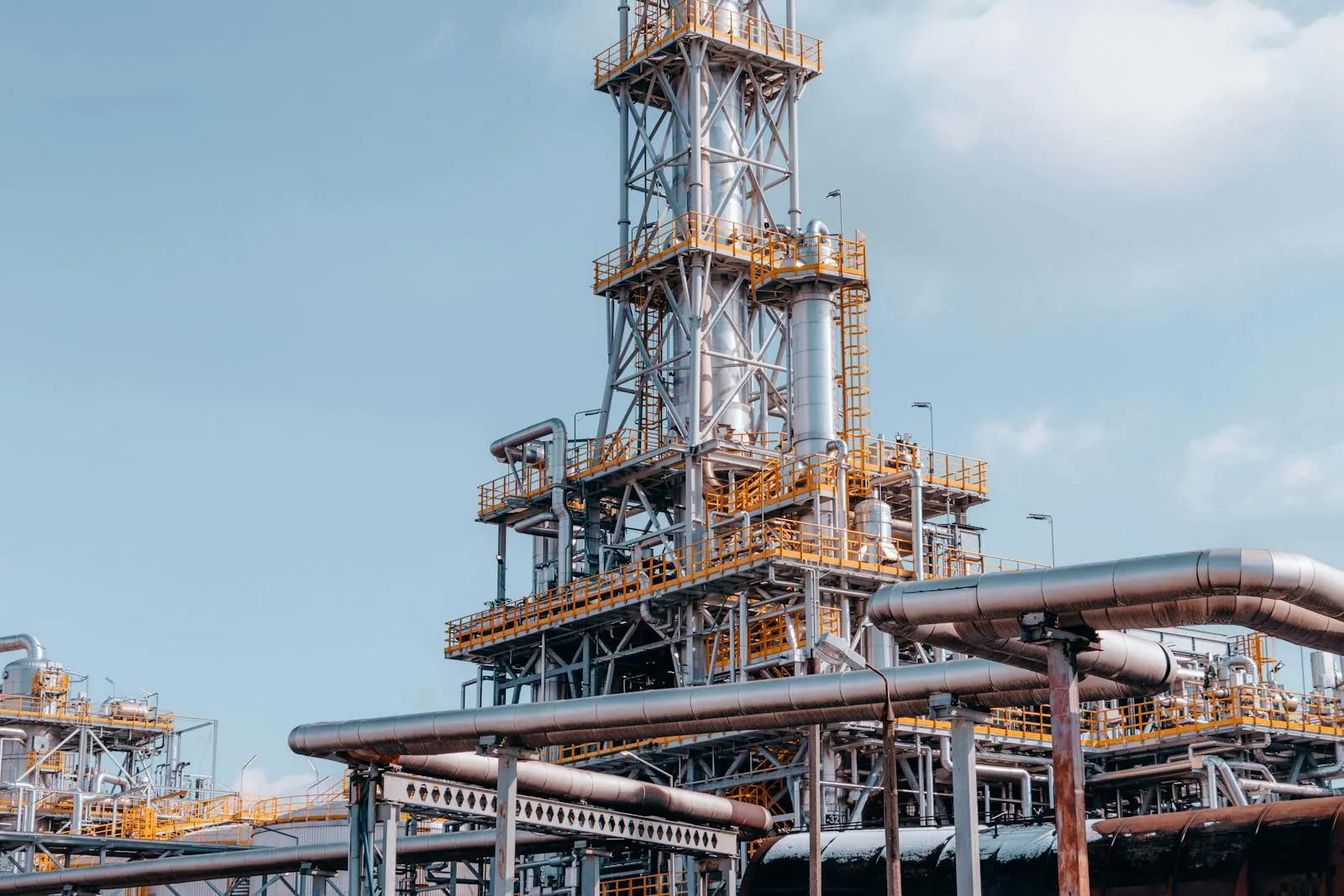 Silver and yellow pipes and towers of an industrial oil refinery complex against a pale blue sky.