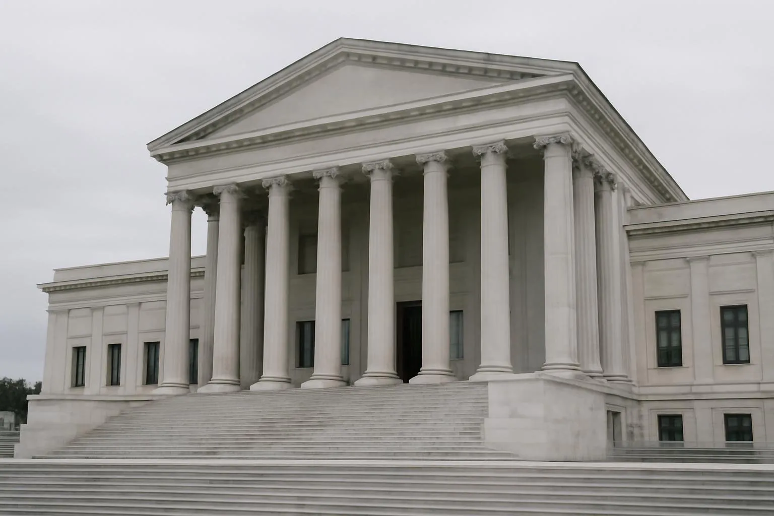 A neoclassical government building with tall white columns and broad stone steps under a gray overcast sky.