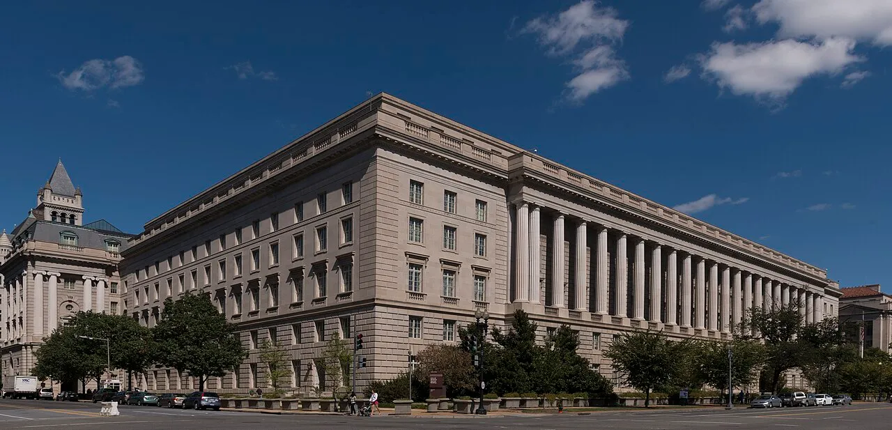 The Internal Revenue Service Building, a large stone government building in the Federal Triangle in Washington, D.C.