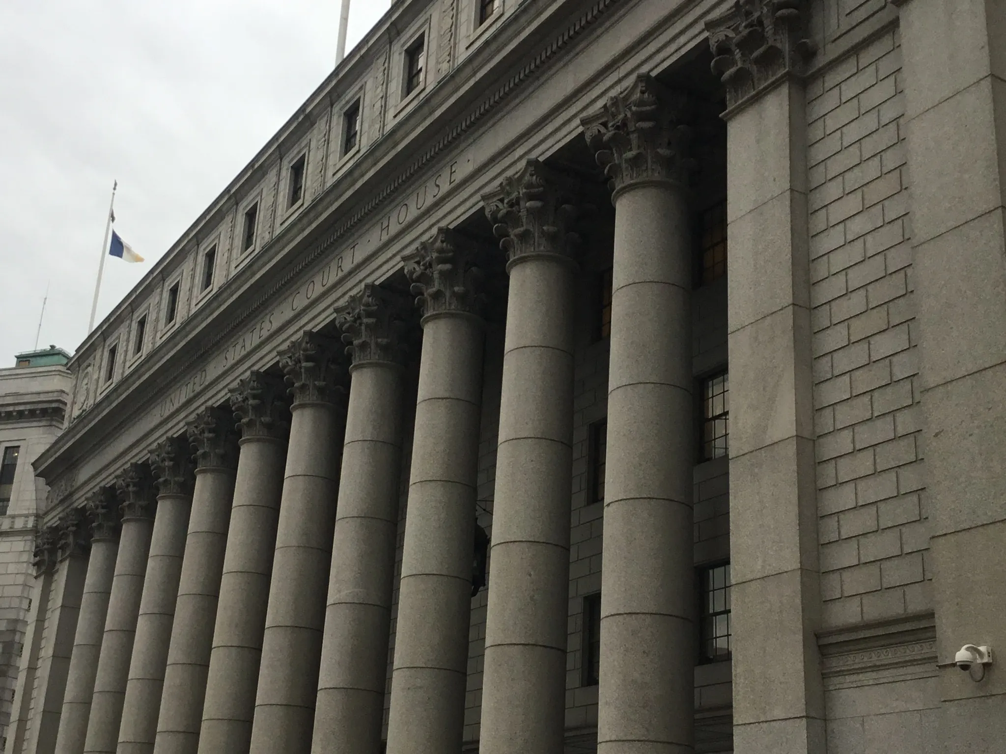 The Thurgood Marshall United States Courthouse at 40 Foley Square in Lower Manhattan, a 31-story granite tower with a colonnaded classical base