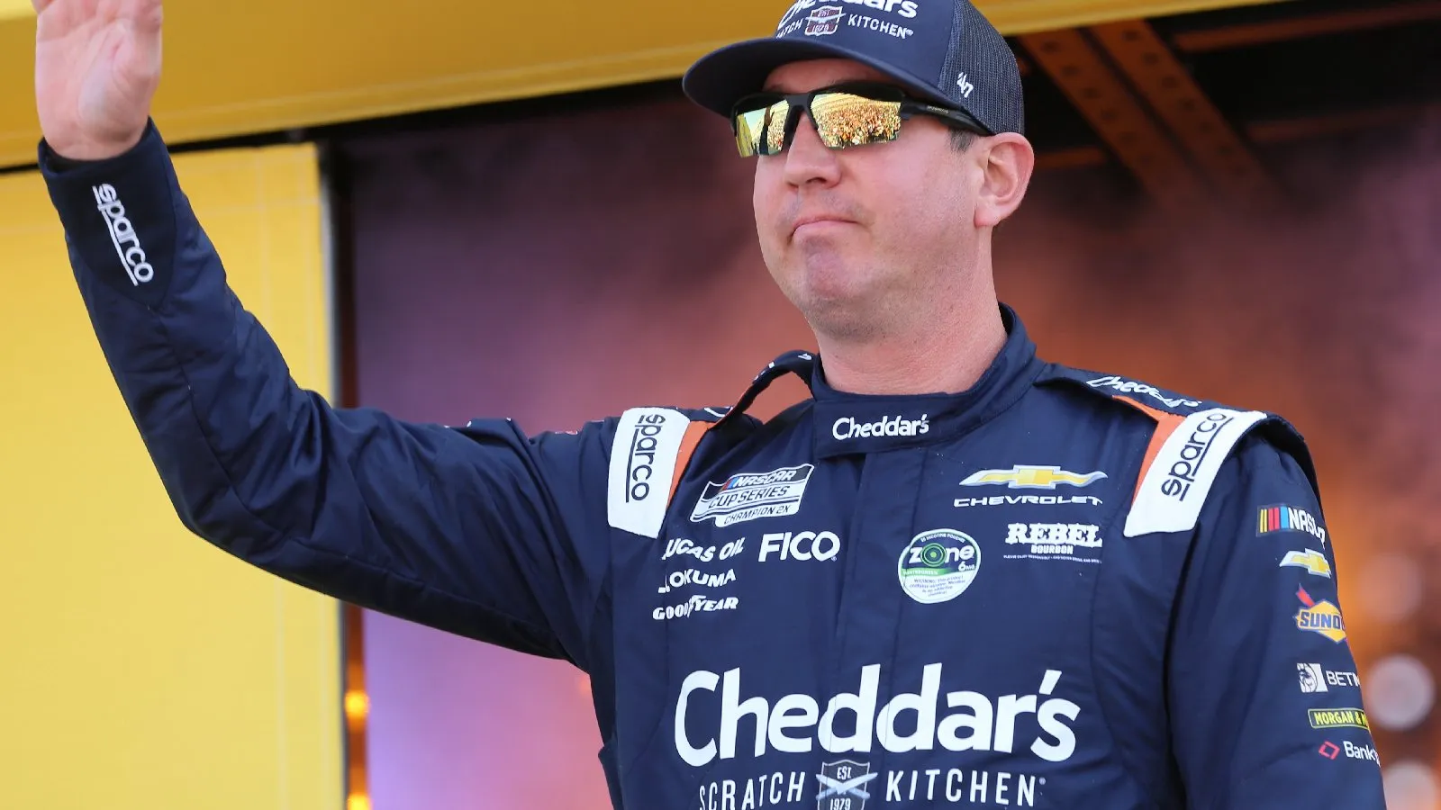 Kyle Busch during driver introductions at Las Vegas Motor Speedway in March 2026, wearing his RCR racing suit.