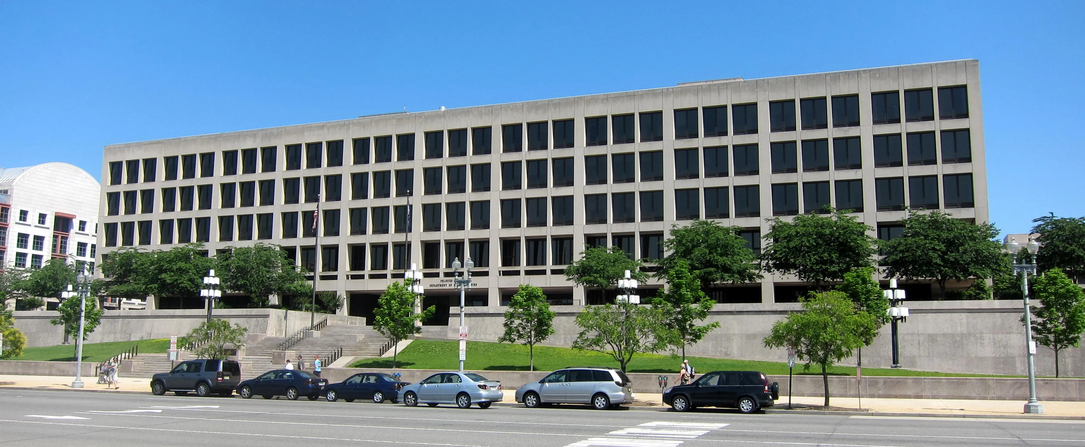 The Frances Perkins Building, headquarters of the U.S. Department of Labor, at 200 Constitution Avenue in Washington, D.C., a modernist office structure completed in 1975.