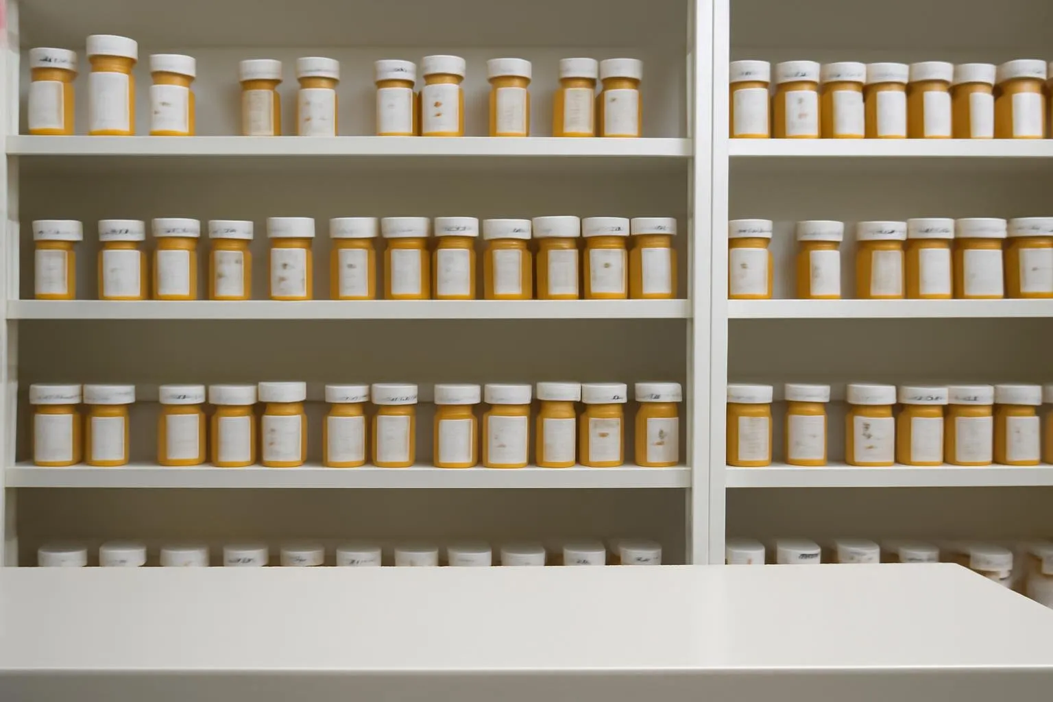 Rows of orange prescription medicine bottles lined up on white pharmacy shelves behind a counter.