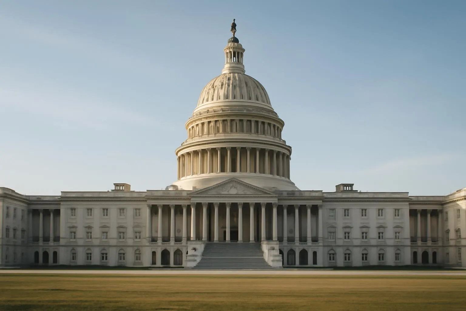 AI-generated view of the United States Capitol building exterior under blue sky, dome and white marble columns visible, wide angle architectural photograph