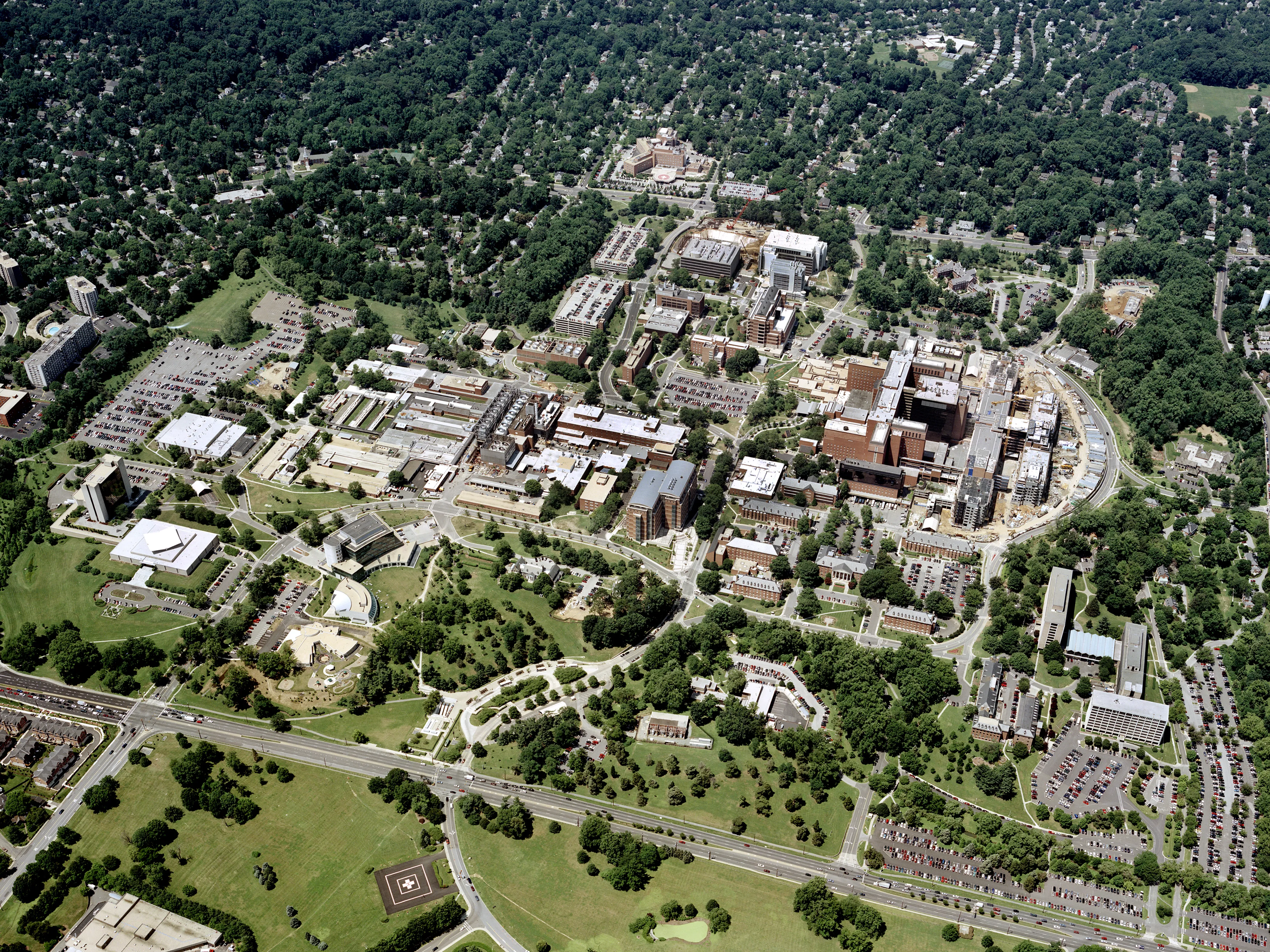 Aerial view of the National Institutes of Health campus in Bethesda, Maryland, circa 1963