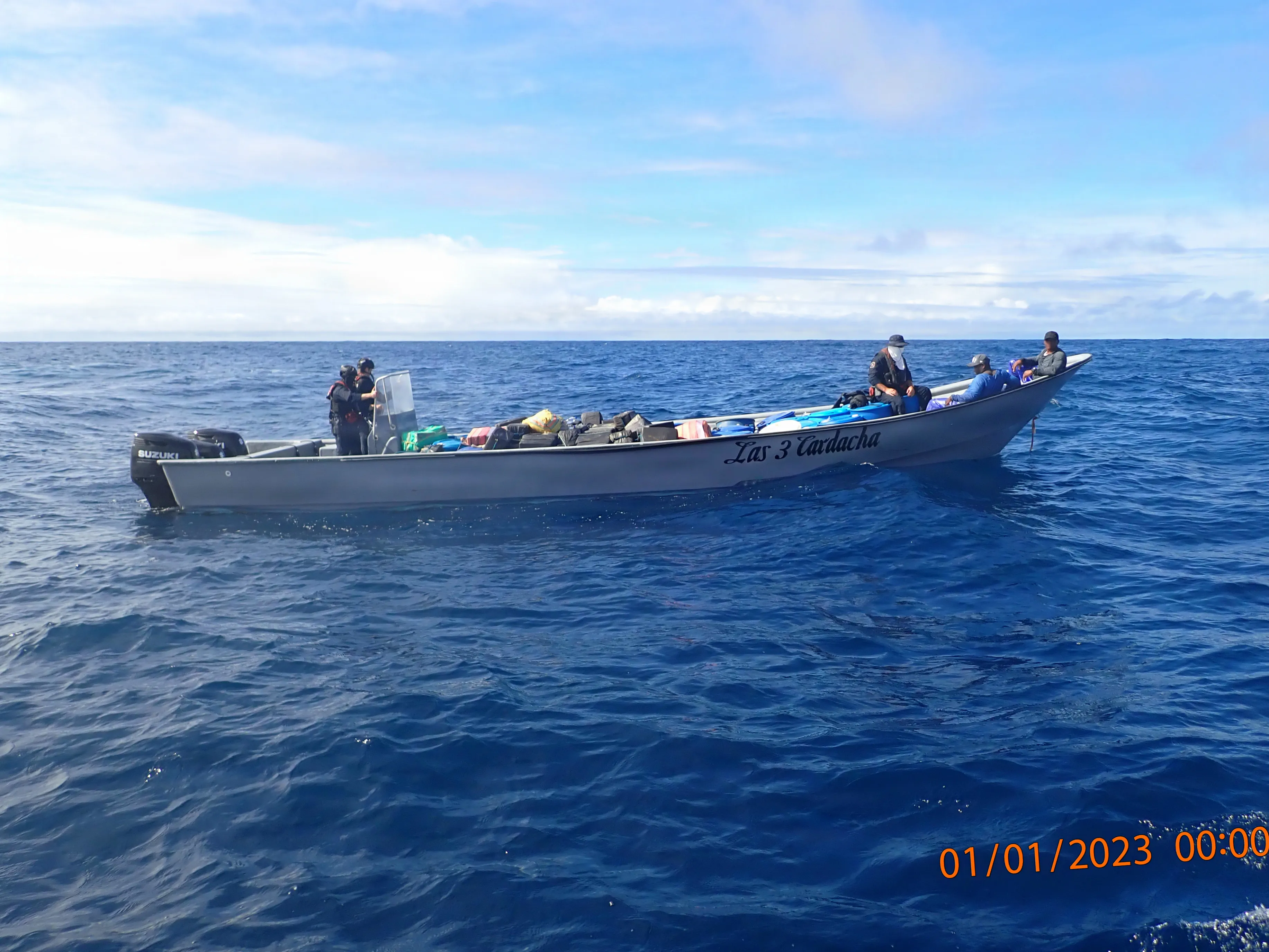 U.S. Coast Guard crew aboard Cutter James (WMSL 754) interdicting a suspected drug smuggling vessel in the eastern Pacific Ocean