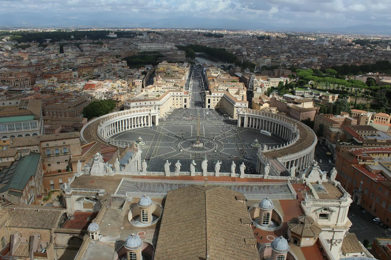 Aerial view of St. Peter's Square and the Apostolic Palace in Vatican City.