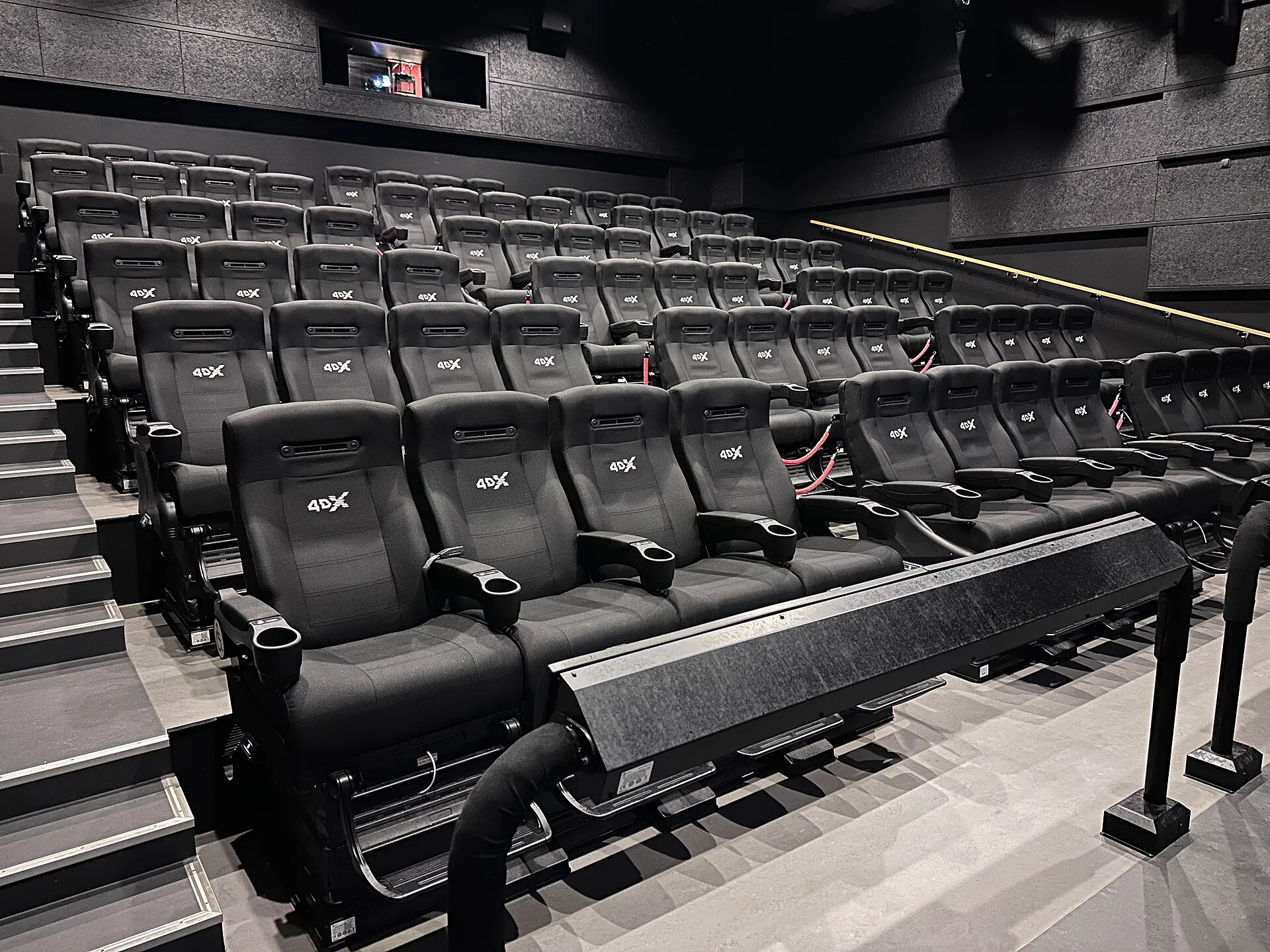 Empty rows of seats in a modern movie theater auditorium facing the screen.