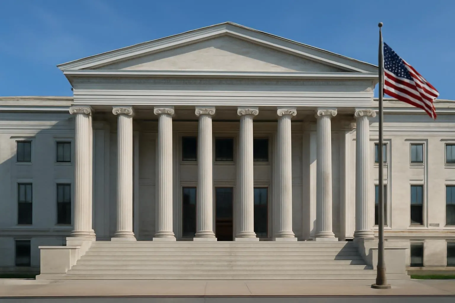 Neoclassical marble federal courthouse with tall stone columns and an American flag against a clear blue sky