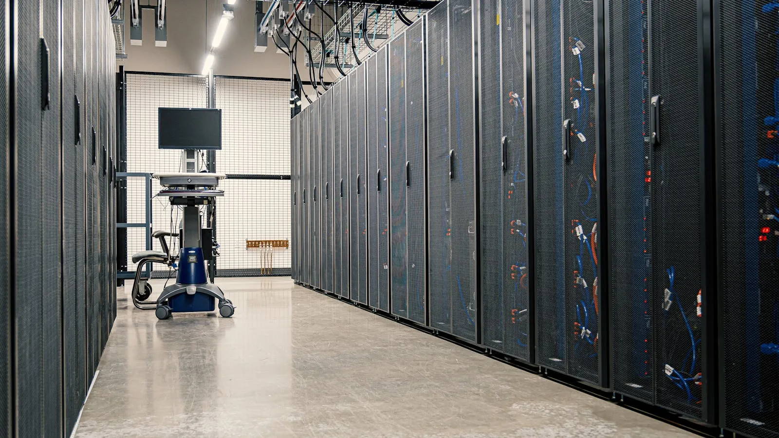 Rows of dark server racks inside a large data center, illuminated by blue indicator lights.