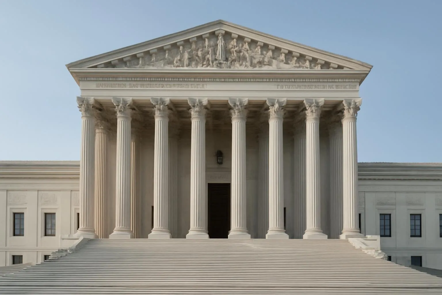 A grand neoclassical government building with tall white marble columns and wide stone steps under a clear blue sky.