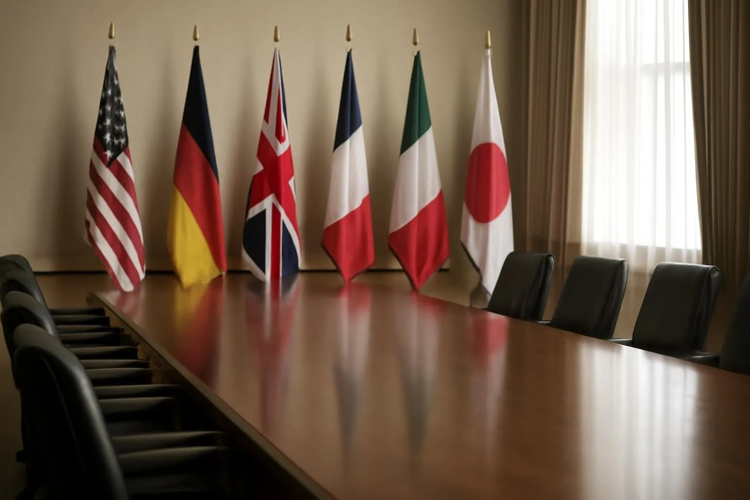 Empty chairs at a long polished conference table in a formal diplomatic meeting room, flags visible in the soft background light.