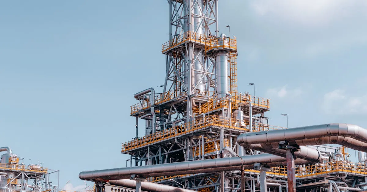 A large oil refinery with pipes and towers under a clear blue sky.