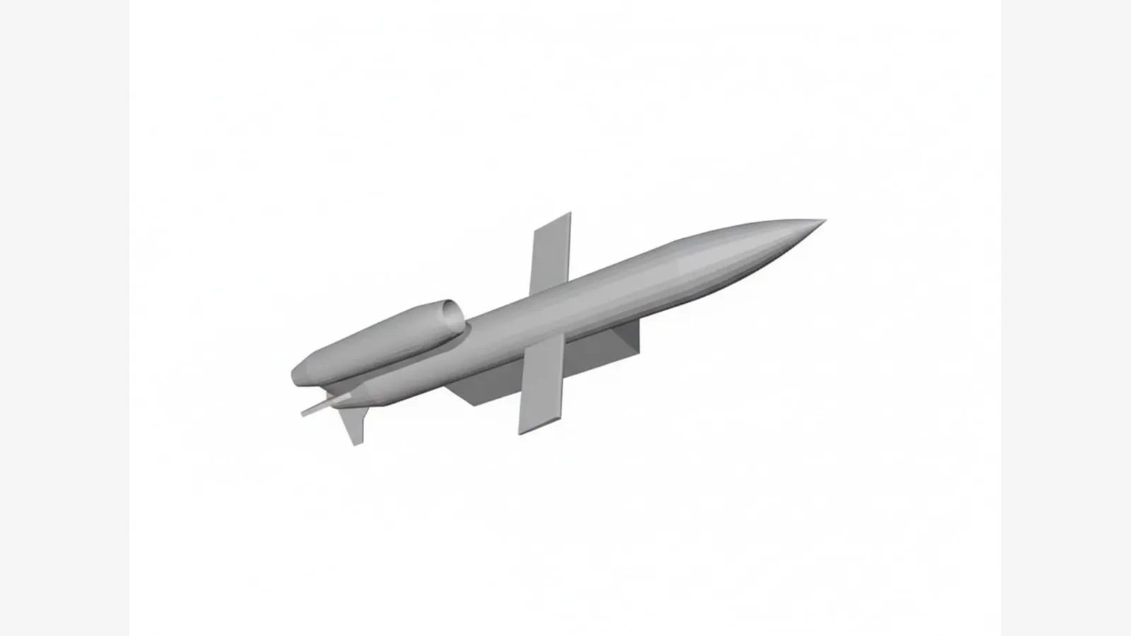 Side-view technical drawing of a slender cruise missile with swept wings and a tail-mounted turbojet exhaust.