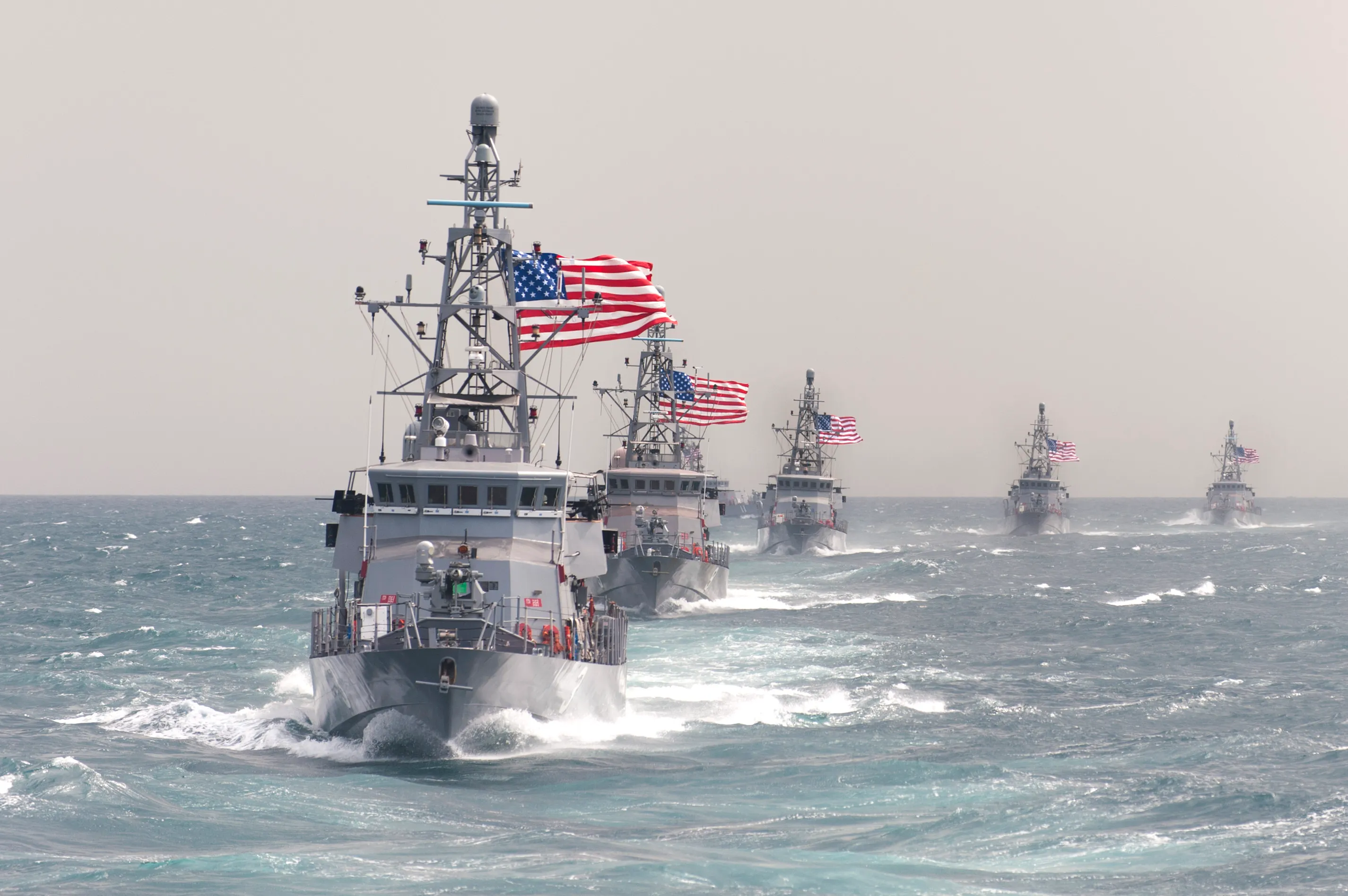 U.S. Navy Cyclone-class coastal patrol ships from Patrol Coastal Squadron 1 in formation in the Persian Gulf