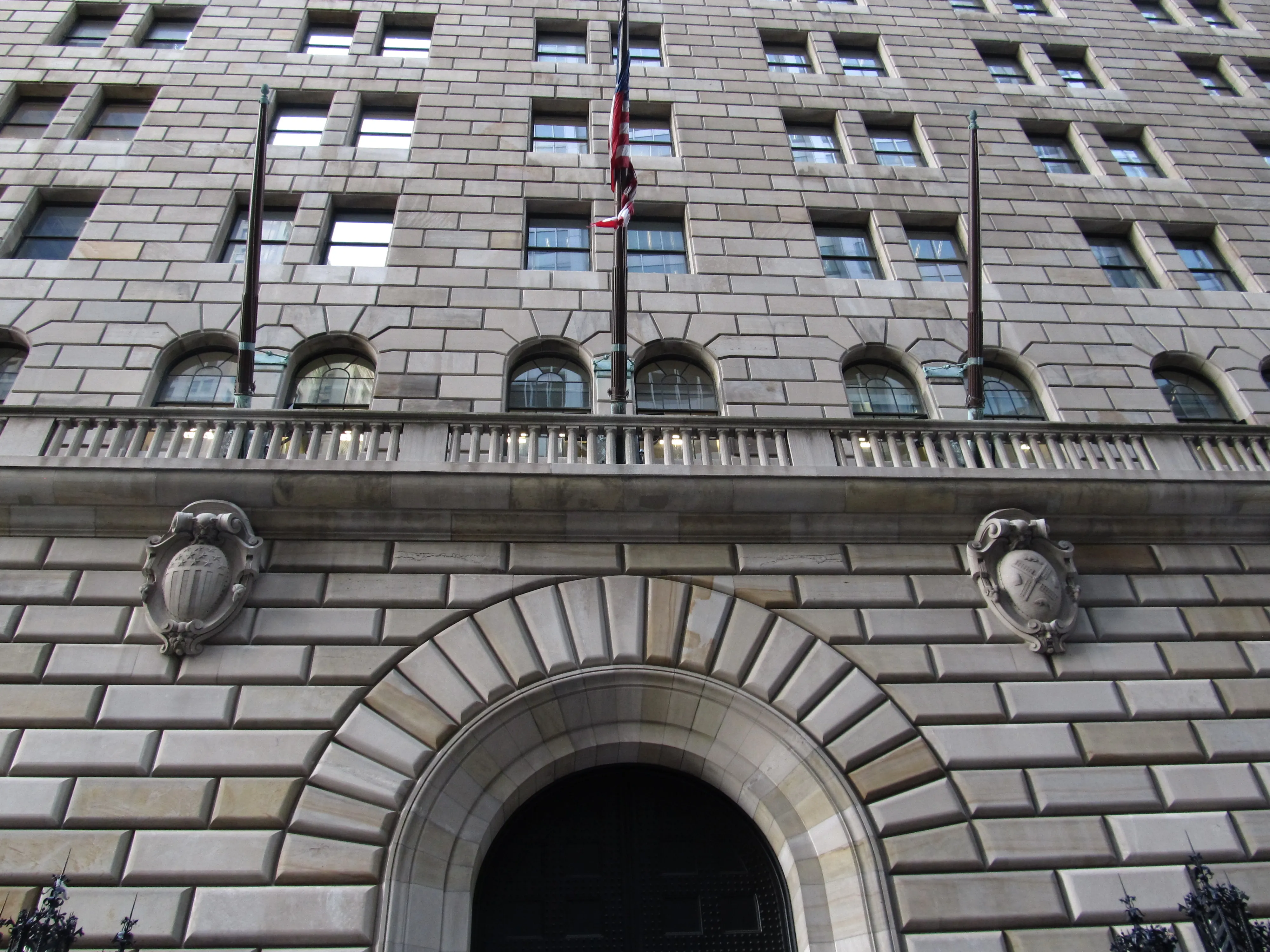 The Federal Reserve Bank of New York, a 14-story neo-Renaissance limestone building on Liberty Street in lower Manhattan